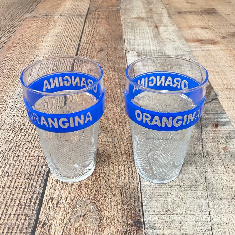 Vintage Orangina Textured Glass Tumblers Blue Band Set of 2